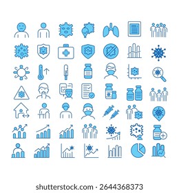 Covid-19 Medical and Healthcare Line Icons – Editable Stroke, Flat Blue Style Vector Set