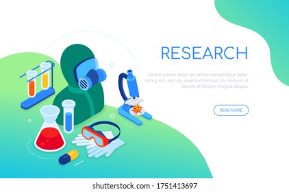 Covid-19 and medical research - colorful isometric web banner with copy space for text. A composition with a worker in protective wear, glasses and gloves, virus under microscope, flasks, test tubes