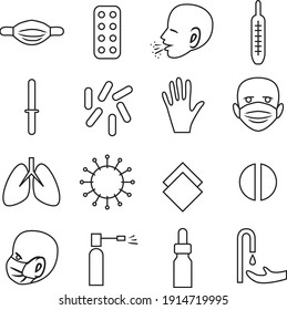 Covid-19 medicine black line icons on a white background