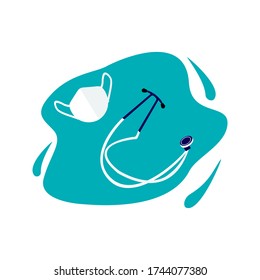 Covid-19 medicine concept, treatment of infection. Vector illustration of medical attributes stethoscope, mask. Flat on isolated white background.