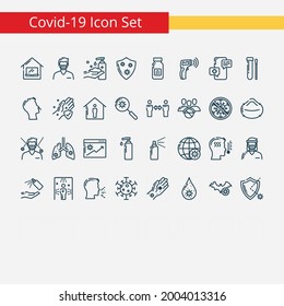 Covid-19 Medicine and HealthCare icons Set. Design with elements for Emergency, Heartbeat, medical equipment, tools Icons. Vector illustration isolated on white background. vector eps 10