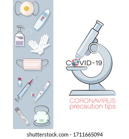 Covid-19. Microbiology, microscope. Set. Poster with signs, icons. Vector illustration for science and medical use, informing, preventing the spread of infections.