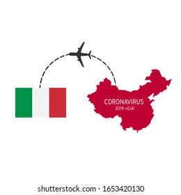 Covid-19 (middle East respiratory syndrome coronavirus), icon of departure of coronavirus-charged plane from China and arriving in Italy.