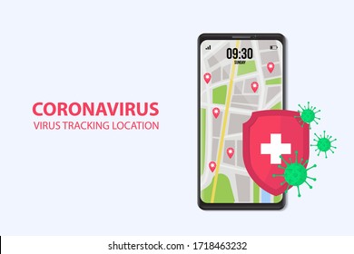 Covid-19, Mobile Map Tracker, Smartphone Map Application And Track Corona Virus Pinpoint On Screen, App Search Map Navigation, Isolated On Line Maps Background, Vector Illustration For Graphic Design