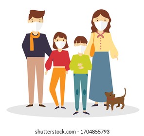 Covid-19.Dad Mom Daughter Son wearing mask, family wearing protective Medical mask
