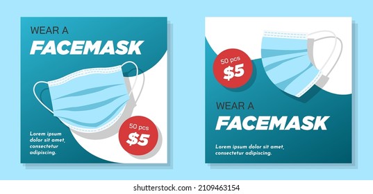 COVID-19 mouth mask social media post banner set, corona face protection advertisement concept, surgical health abstract square ad, global pandemic flyer leaflet concept, isolated.