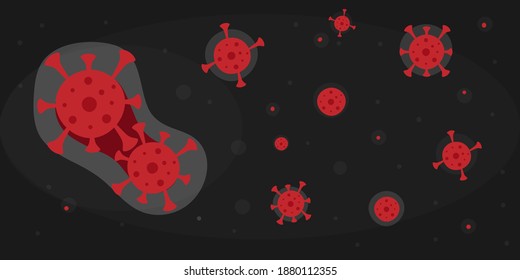 Covid-19 mutation. Red colored coronavirus closeup microscopic view, evolution prosses, dangerous infection, flat vector cartoon isolated illustration on black background