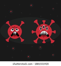 Covid-19 mutation. Red colored coronavirus closeup microscopic view, evolution prosess, dangeround infection, flat vector cartoon isolated illustration on black background