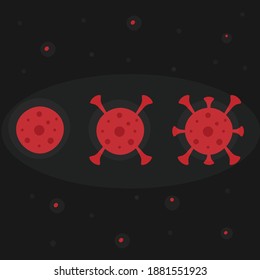 Covid-19 mutation. Red colored coronavirus closeup microscopic view, evolution prosess, dangeround infection, flat vector cartoon isolated illustration on black background