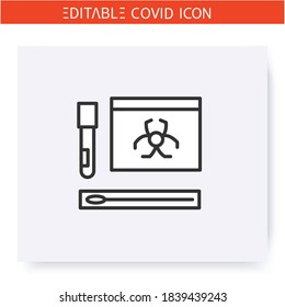 Covid19 nasal swab kit line icon.Coronavirus testing or DNA sampling kit. Cotton swab, sterile tube and transporting bag. Flu, covid diagnostics equipment.Isolated vector illustration.Editable stroke 