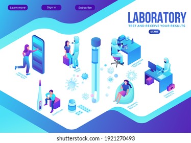 Covid-19 nasal swab test, isometric medical concept, Coronavirus vector icon, people in mask in laboratory, modern design, infographic illustration, landing page template