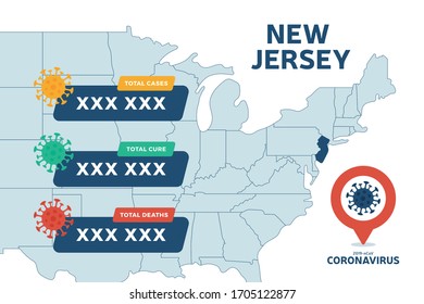 Covid-19 New Jersey state USA map confirmed cases, cure, deaths report. Coronavirus disease 2019 situation update worldwide. America Maps and news headline show situation and stats background