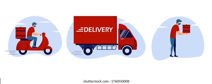 COVID-19 New normal After Coronavirus Delivery service Courier in protective masks deliver goods and food on a car, motorcycle to people in quarantine, Stay home concept flat illustration 