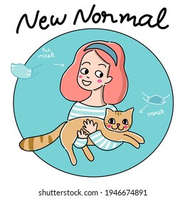 covid-19 new normal pet lover .girl with white and blue strap shirt holding ginger cat with her face masks and mask cat face mask that u can put it on or take it off on blue background cartoon vector