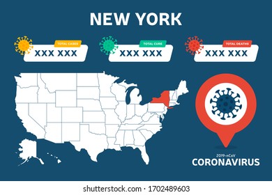 Covid-19 New York state USA map confirmed cases, cure, deaths report. Coronavirus disease 2019 situation update worldwide. America Maps and news headline show situation and stats background