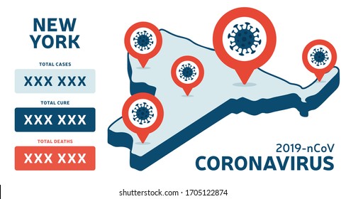 Covid-19 New York state USA isometric map confirmed cases, cure, deaths report. Coronavirus disease 2019 situation update worldwide. America Maps and news headline show situation and stats background