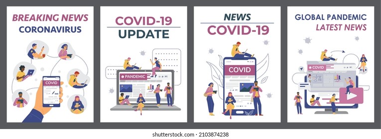 Covid-19 news updates info block screensavers for mobile app set. Social media coronavirus breaking news and information onboarding screens, flat vector illustration.