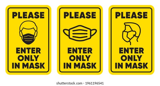 COVID-19 No Face Mask No Entry Sign. Vector warning sign without a face mask set Coronavirus No entry keep distance caution front public places door plate Wear mask before entrance print stickers icon