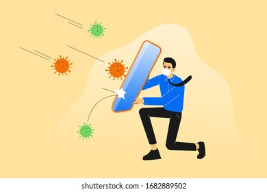 COVID-19 novel. Businessman or manager holding shield to protect himself from Coronavirus germs. Protection mask and quarantine. Business risk prevention from virus outbreak. Vector illustration
