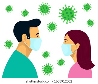 COVID-19 Novel coronavirus 2019-nCoV pandemic. Man and woman in blue medical face mask. Protection from infection. Concept of quarantine. Vector illustration on white background