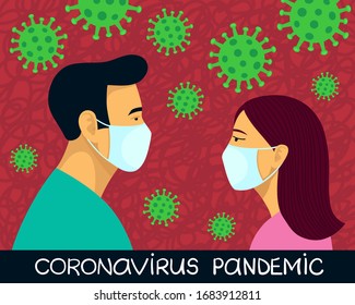 COVID-19 Novel coronavirus 2019-nCoV pandemic. Man and woman in blue medical face mask. Concept of quarantine. Protection from infection. Doodle style hand drawn vector illustration