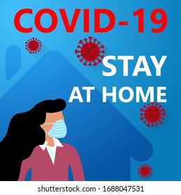 COVID-19 Novel coronavirus 2019-nCoV quarantine and stay at home on blue background. woman with medical face mask. Corona Virus disease 2019 Pandemic Protection Concept