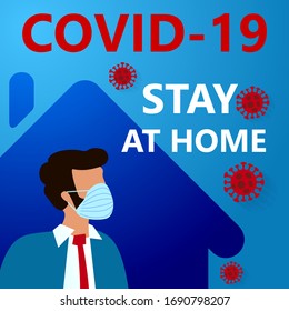 COVID-19 Novel coronavirus 2019-nCoV quarantine and stay at home on blue background. man in suit with medical face mask. Corona Virus disease 2019 Pandemic Protection Concept