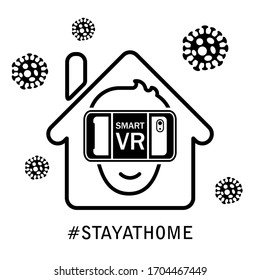 COVID-19 Novel coronavirus 2019-nCoV quarantine and stay at home hashtag. Flat happy man head in virtual reality glasses on white background. Smartphone VR concept image. Corona Virus disease 2019