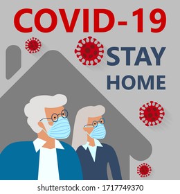 COVID-19 Novel coronavirus 2019-nCoV quarantine and stay at home on blue background. Old woman and man in suit with medical face mask at home. Corona Virus disease 2019 Pandemic Protection Concept