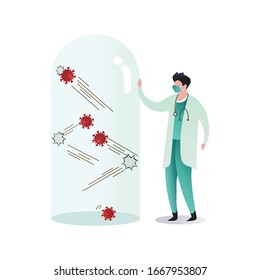 COVID-19 novel virus control or quarantine by doctor concept, doctor with stethoscope standing and researching on Coronavirus COVID-19 pathogens for vaccine or medicine in controlled room test tube.