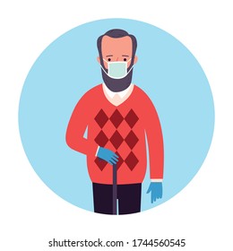 COVID-19. Old man in face mask and gloves in a circle.
