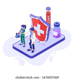 Covid-19 online diagnostics virus. doctor nurse with syringe in mask. shield protect vaccine tube. quarantine from Wuhan novel coronavirus. pandemic covid-19 coronavirus. isometric vector illustration