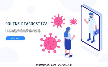 Covid-19 online diagnostics virus. Female patient and doctor. Pandemic covid-19 coronavirus. Isometric web banner for landing page. Vector illustration.