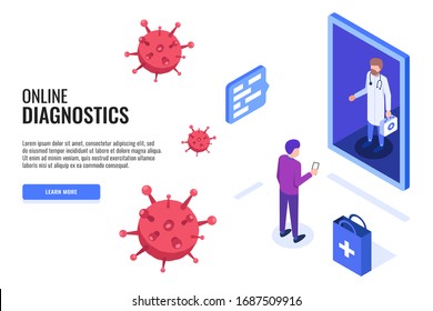 Covid-19 online diagnostics virus. Patient and male doctor. Pandemic covid-19 coronavirus. Isometric web banner for landing page. Vector illustration.