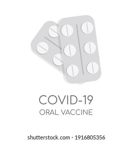 Covid-19 oraler Impfstoff Vektor flache Vorlage mit Textfläche. Tabletten, Tabletten in Blisterpackung einzeln auf weißem Hintergrund. Medikamente gegen die gefährliche Coronavirus-Krankheit.