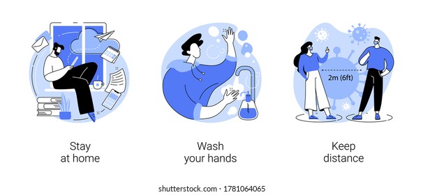 Covid19 Outbreak Abstract Concept Vector Illustration Set. Stay At Home, Wash Your Hands, Keep Distance, Hand Sanitizer, Self Protection, Wear Mask, Distance Working, Home Office Abstract Metaphor.