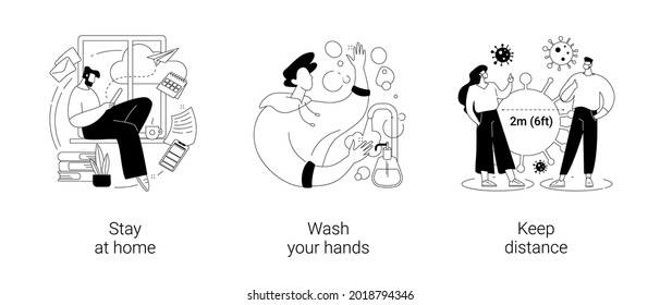 Covid19 outbreak abstract concept vector illustration set. Stay at home, wash your hands, keep distance, hand sanitizer, self protection, wear mask, distance working, home office abstract metaphor.