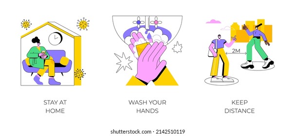 Covid19 outbreak abstract concept vector illustration set. Stay at home, wash your hands, keep distance, hand sanitizer, self protection, wear mask, distance working, home office abstract metaphor.