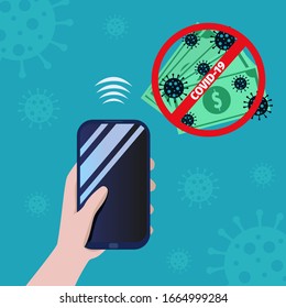 COVID-19 outbreak. Coronavirus prevention. Avoid using cash. Pay by phone. Global. Vector illustration for poster, banner, flyer. 