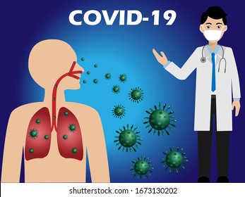 COVID-19 outbreak. Doctor wear surgical face mask explain how corona virus (COVID-19) go to human body by respiratory, attacking human lung. Idea for COVID-19 outbreak and prevention and awareness.