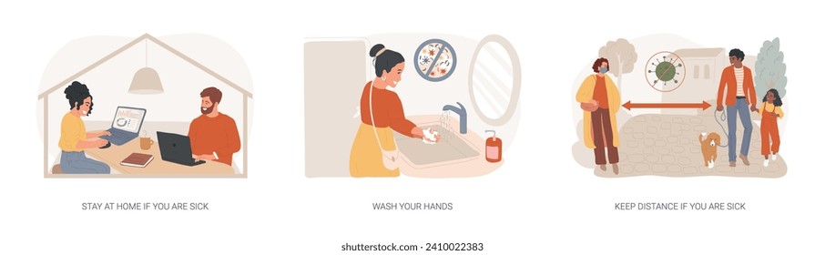 Covid19 outbreak isolated concept vector illustration set. Stay at home, wash your hands, keep distance, hand sanitizer, self protection, wear mask, distance working, home office vector concept.