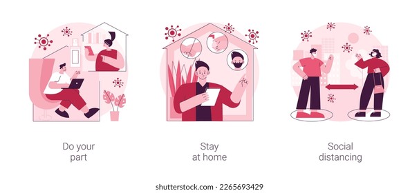 Covid19 outbreak prevention measures abstract concept vector illustration set. Do your part, stay at home, social distancing, self isolation, self protection, wear mask, quarantine abstract metaphor.