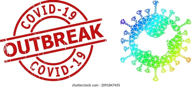 Covid-19 Outbreak scratched badge and lowpoly spectrum colored Chinese covid virus icon with gradient. Red stamp seal includes Covid-19 Outbreak title inside round and lines form.