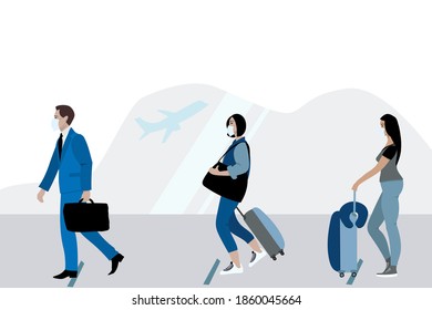 Covid-19 outbreak travel restrictions concept vector illustration. Line at the airport departure area, people staying socially distant. People wearing masks.