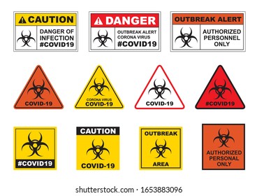 COVID-19 outbreak warning signage. Corona virus alert signage.