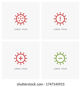 Covid-19 outline symbol set. Coronavirus or sars virus, exclamation point, plus and minus sign - positive and negative medical tests, warning information and danger of infection icons.