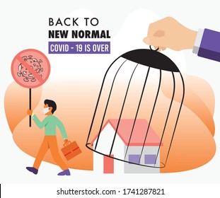 Covid-19 is over, A person went back to work and life with word the pandemic finish "Back to new normal" to the end. Back to normal life, Coronavirus the end concept. No more covid 19.