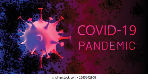 Covid-19 Pandemic 2020 banner. 3d coronavirus cell on dirty background. Novel coronavirus 2019-nCoV. Virus covid-19 NCP. Viral bacteria. Report, newsletter, directory, statistics. Vector illustration