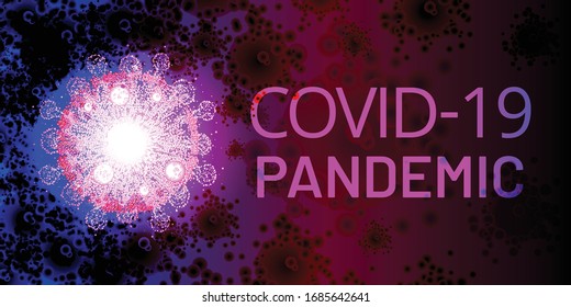 Covid-19 Pandemic 2020 banner. Coronavirus cell with neon glow effect on dirty background. Novel coronavirus 2019-nCoV. Virus covid-19 NCP. Viral bacteria. Report, statistics. Vector illustration