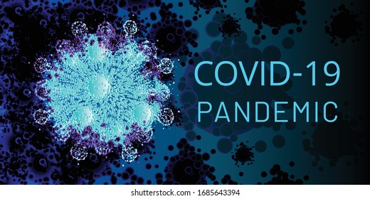 Covid-19 Pandemic 2020 banner. Coronavirus cell with neon glow effect on dirty background. Novel coronavirus 2019-nCoV. Virus covid-19 NCP. Viral bacteria. Report, statistics. Vector illustration